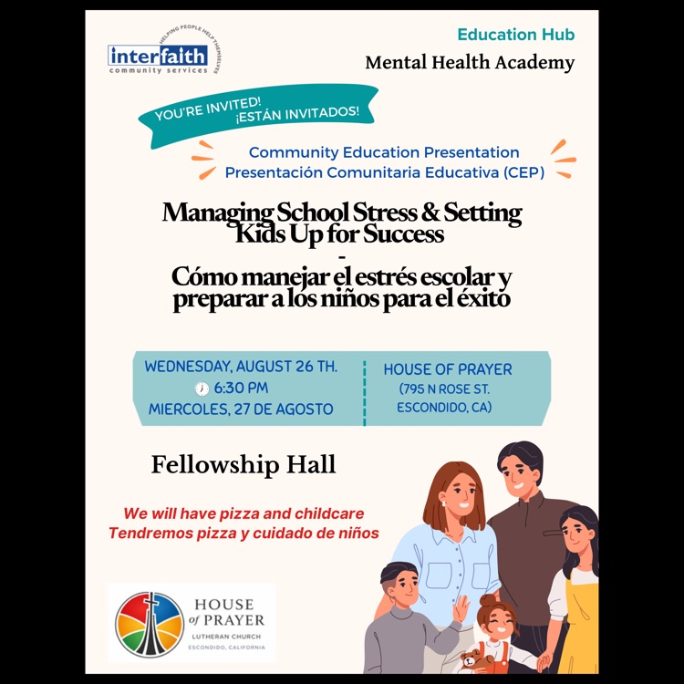A flyer for the "Managing School Stress & Setting Kids Up for Success" Community Education Presentation