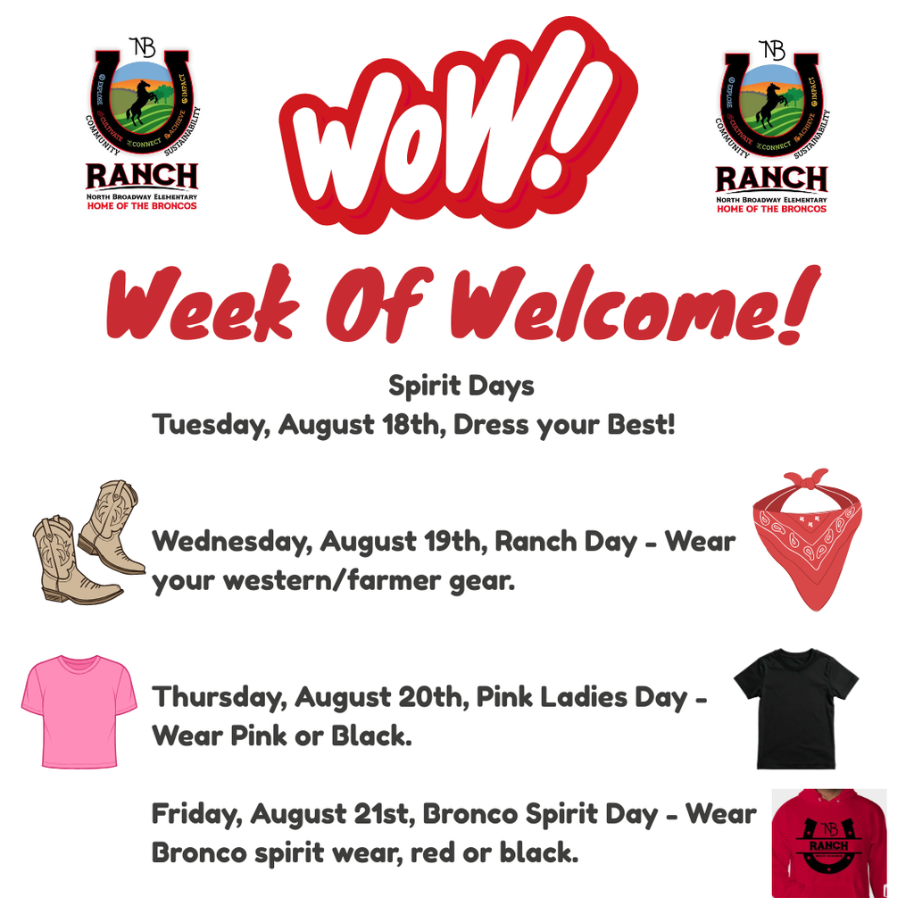 School flyer detailing Week Of Welcome Spirit Days from Tuesday, August 18th to Friday, August 21st.