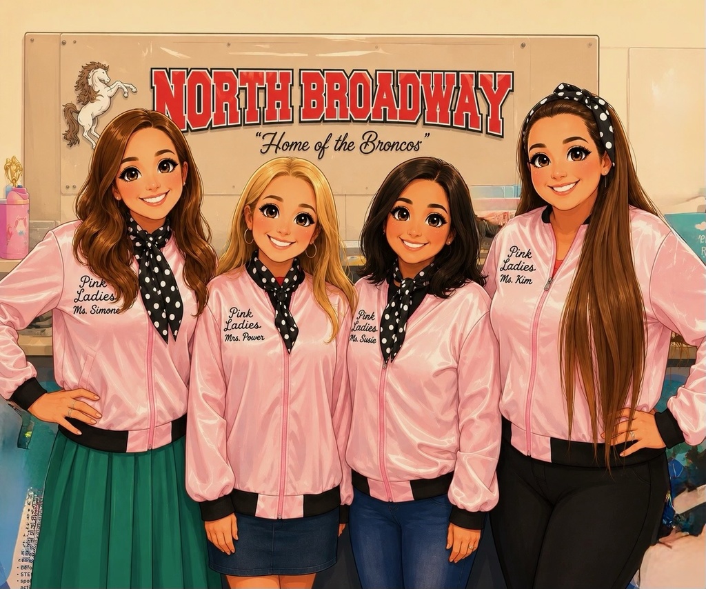 Cartoon illustration of four smiling teachers wearing matching pink jackets and polka-dot scarves for Pink Ladies Day.
