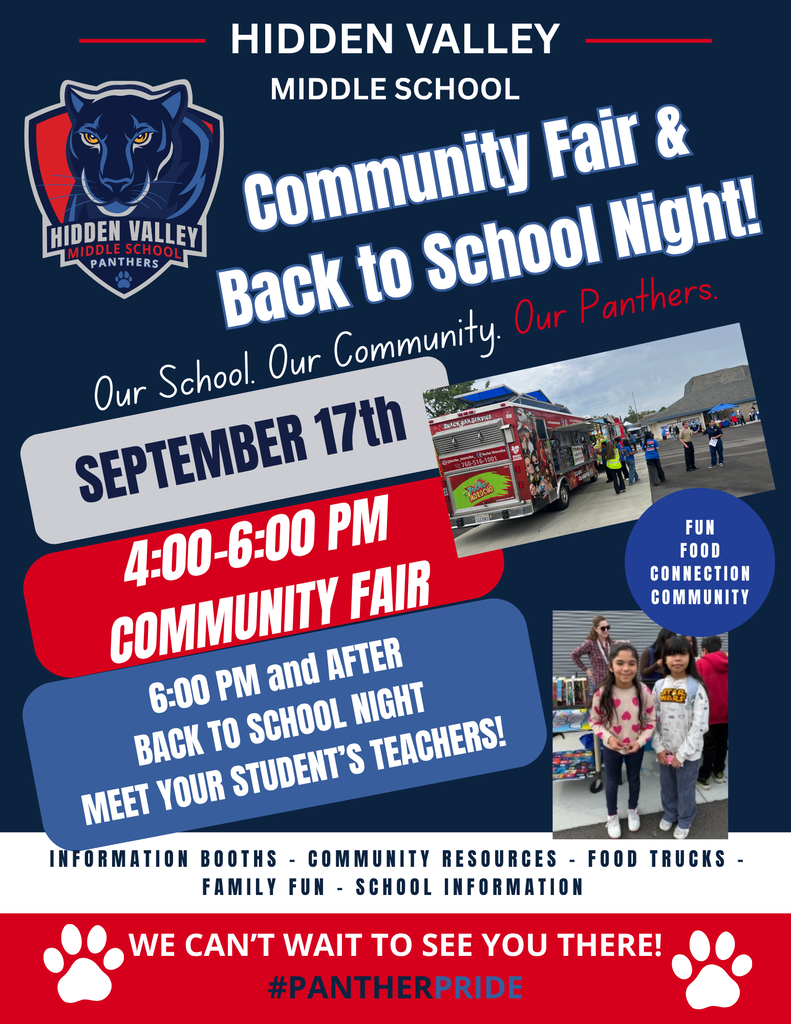 An event flyer for Hidden Valley Middle School promoting the "Community Fair & Back to School Night!" held on September 17th. The background is dark blue with red and white accents, featuring the school logo—a black panther on a blue shield—in the top left corner. Three rounded rectangular blocks display key details: a light blue block reading "SEPTEMBER 17th", a red block reading "4:00-6:00 PM COMMUNITY FAIR", and a dark blue block reading "6:00 PM and AFTER BACK TO SCHOOL NIGHT MEET YOUR STUDENT'S TEACHERS!". Photos show food trucks parked outside and two smiling young students posing together. A blue circle highlights "FUN FOOD CONNECTION COMMUNITY," and white paw prints anchor a bottom banner that reads "WE CAN'T WAIT TO SEE YOU THERE! #PANTHERPRIDE."