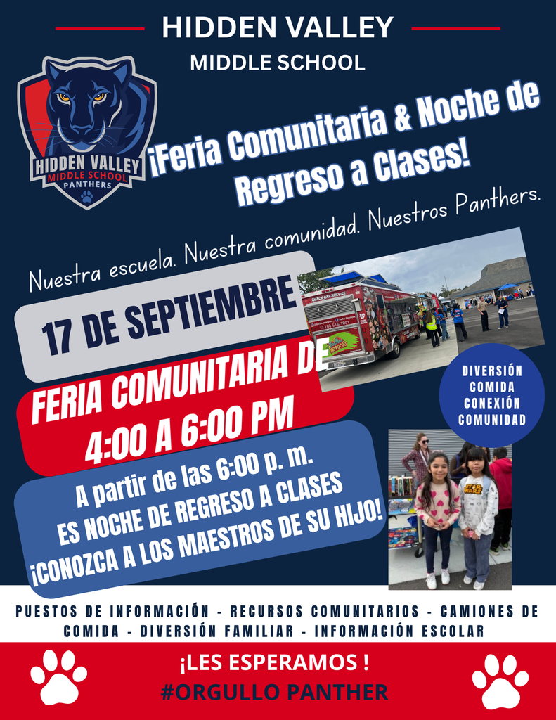 An event flyer for Hidden Valley Middle School promoting the "Community Fair & Back to School Night!" held on September 17th. The background is dark blue with red and white accents, featuring the school logo—a black panther on a blue shield—in the top left corner. Three rounded rectangular blocks display key details: a light blue block reading "SEPTEMBER 17th", a red block reading "4:00-6:00 PM COMMUNITY FAIR", and a dark blue block reading "6:00 PM and AFTER BACK TO SCHOOL NIGHT MEET YOUR STUDENT'S TEACHERS!". Photos show food trucks parked outside and two smiling young students posing together. A blue circle highlights "FUN FOOD CONNECTION COMMUNITY," and white paw prints anchor a bottom banner that reads "WE CAN'T WAIT TO SEE YOU THERE! #PANTHERPRIDE."