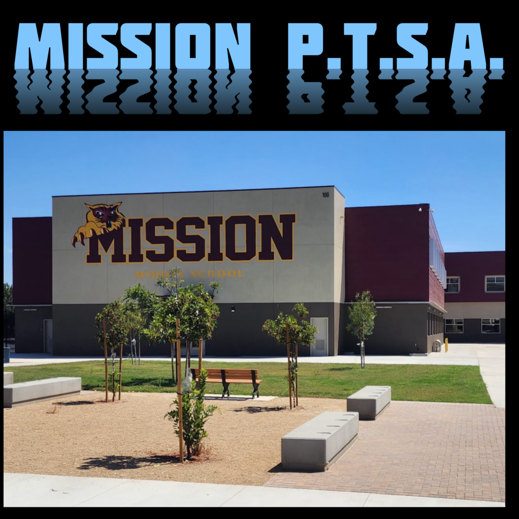 A photo of the 100 Building at Mission Middle School with the text "Mission P.T.S.A." above the photo