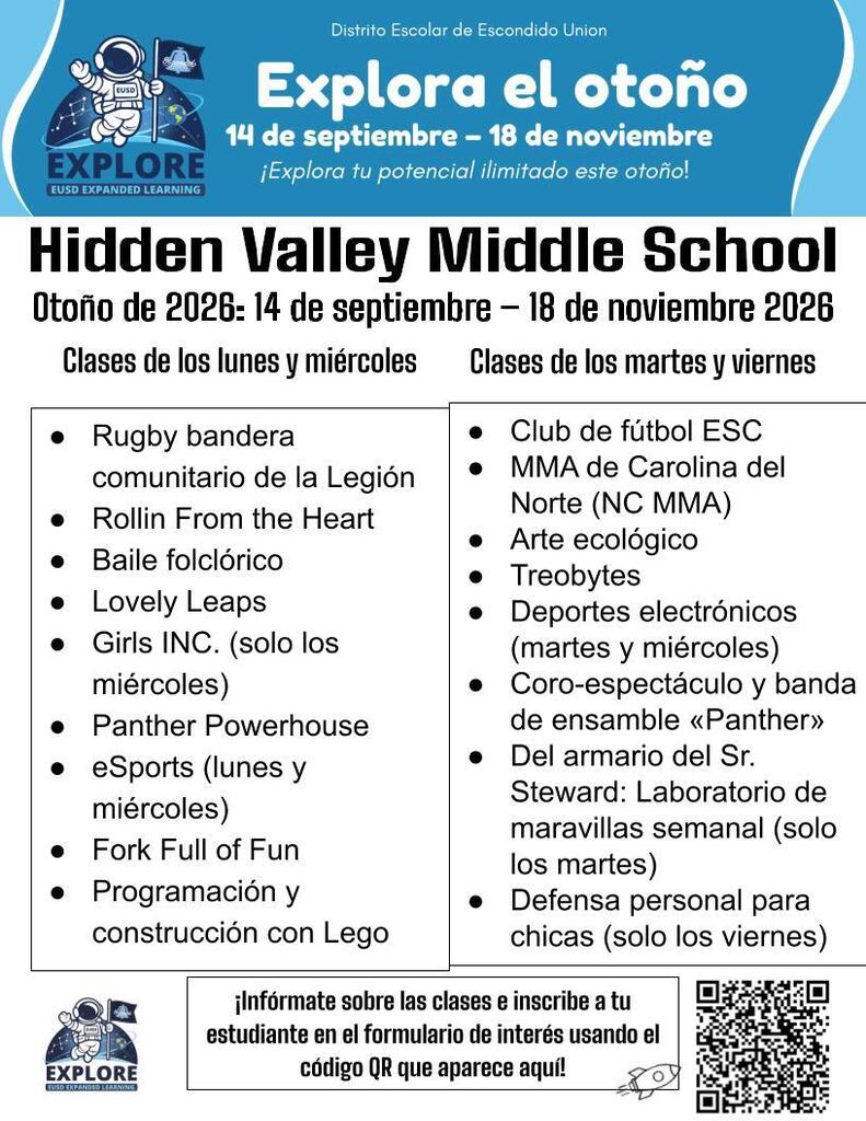 Informational flyer for the HVMS Fall 2026 EXPLORE program, active from September 14 to November 18. The document reads: "Explore your unlimited potential this Fall!" and organizes after-school activities by scheduled days: Monday / Wednesday Classes: Legion Community Flag Rugby, Rollin From the Heart, Baile Folklórico, Lovely Leaps, Girls INC. (Wednesdays only), Panther Powerhouse, eSports (Mon and Wed), Fork Full of Fun, and Lego Code and Construct. Tuesday / Friday Classes: ESC Soccer Club, NC MMA, Eco Art, Treobytes, eSports (Tues and Wed), Panther Show Choir and Ensemble Band, Out of Mr. Steward's Closet: Weekly Wonder Lab (Tuesdays only), and Girls Self Defense (Fridays only). The flyer ends with a call to action: "Learn about the classes and add your student to the interest form using the QR code here!" accompanied by a QR code graphic.