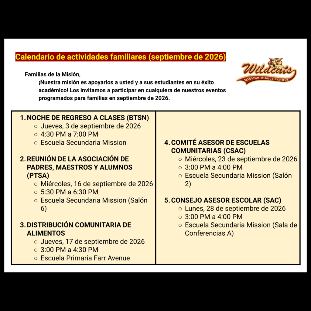 Page 1 (of 2) of the Spanish language Family Engagement Calendar for September 2026