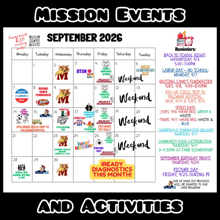 A calendar of Mission Events and Activities for September 2026
