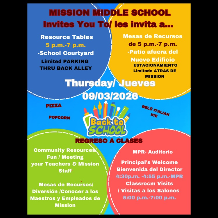 A flyer with details about Mission’s Back-to-School Night 2026-2027