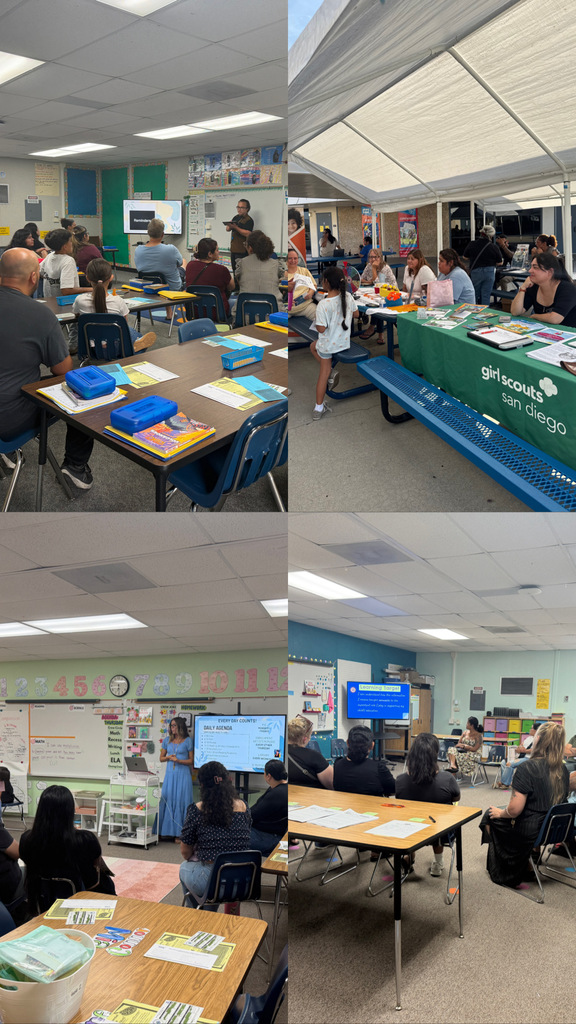 Pictures of families and community members during back to school night in the classrooms and on school campus