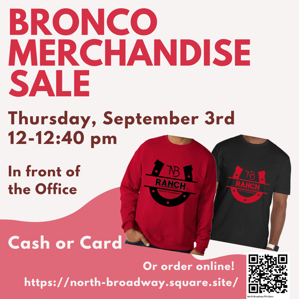 Flyer for Bronco Merchandise Sale showing a red sweatshirt and black t-shirt with horseshoe logos, plus event details.