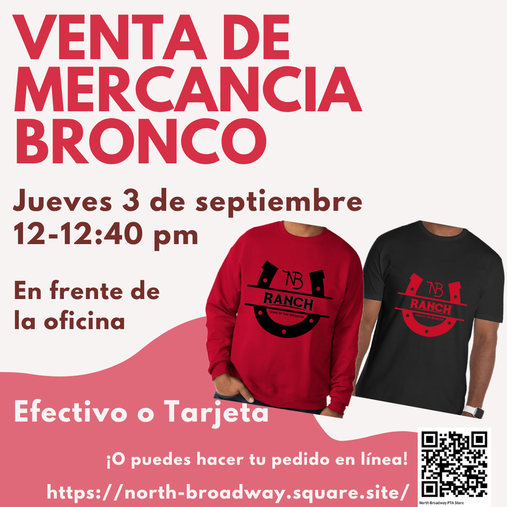 Folleto de la venta de artículos de los Broncos que muestra una sudadera roja y una camiseta negra con logotipos de herradura, además de los detalles del evento.