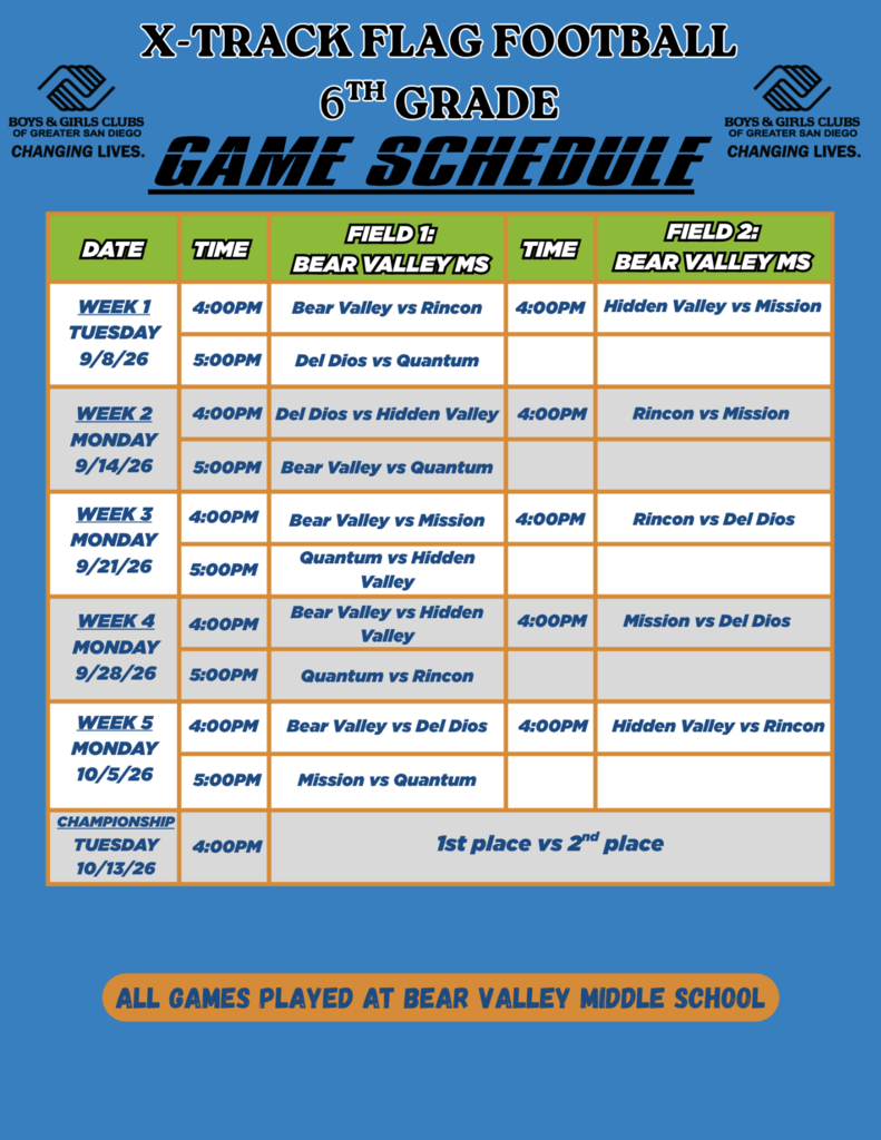 6th Grade X-track Boys and Grils Club -Flag Football Schedule Flyer