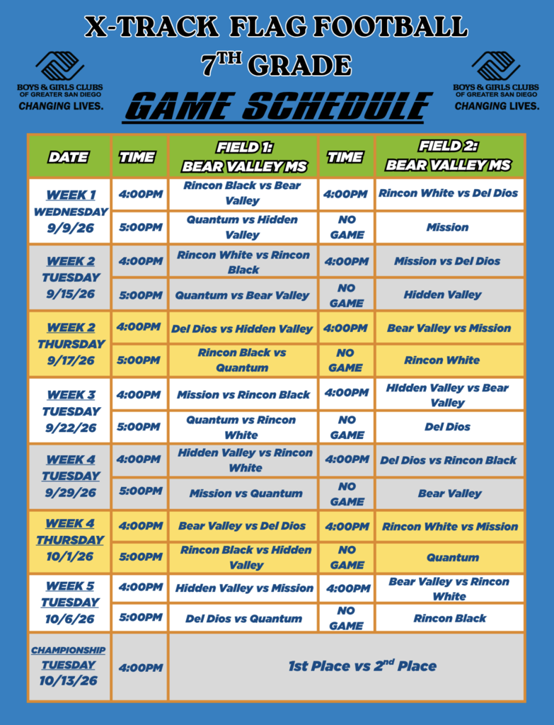 7th grade X-Track Flag Football Game Schedule