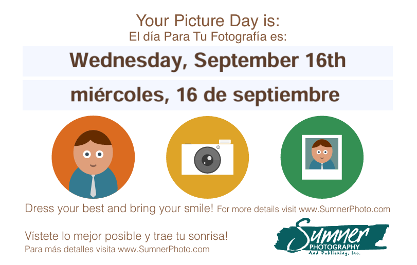 School Picture Day announcement flyer for Wednesday, September 16th with graphic icons of a boy, camera, and photo.