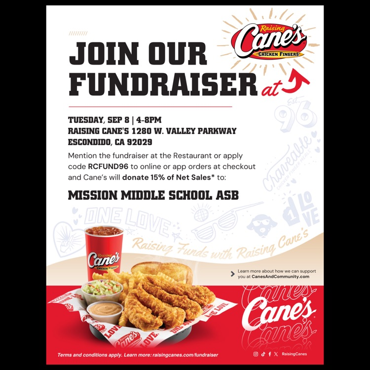 An English language flyer for the Mission Middle School ASB Fundraiser at Raising Cane's