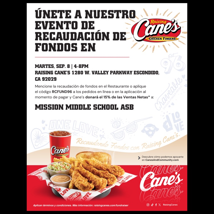 A Spanish language flyer for the Mission Middle School ASB Fundraiser at Raising Cane's
