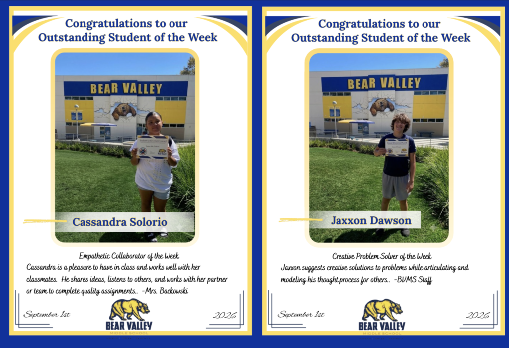 Pioctue or two students holding awards for students of the week at BVMS