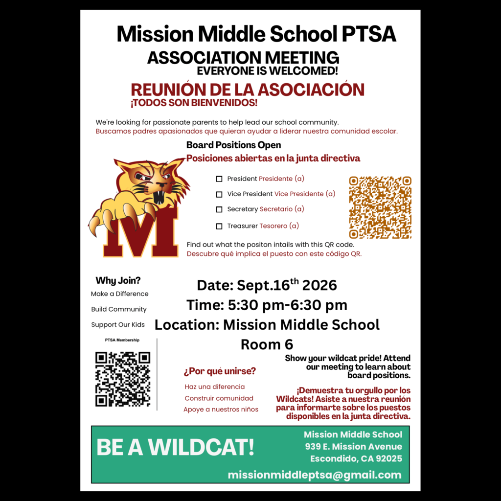 A flyer for the next meeting of the Mission Middle School PTSA