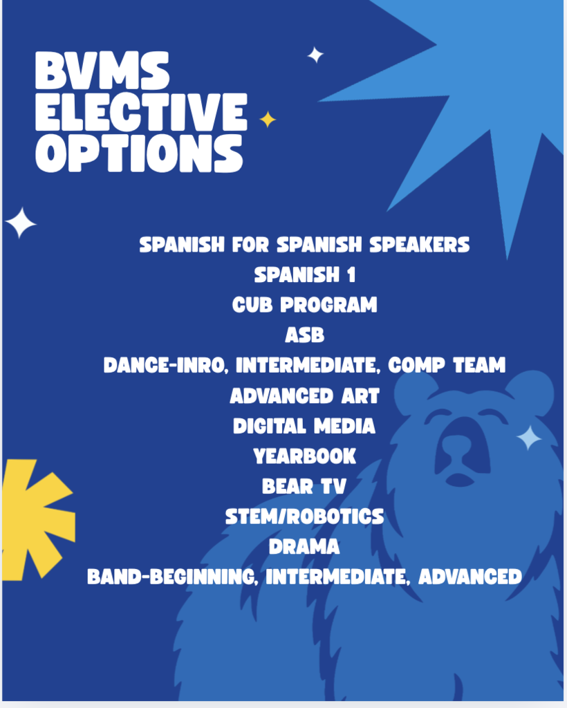 List of BVMS Electives, spanish, CUB, ASB, Dance, Art, Digital Media, Yearbook, Bear TV, STEM/Robotics, Drama, Band