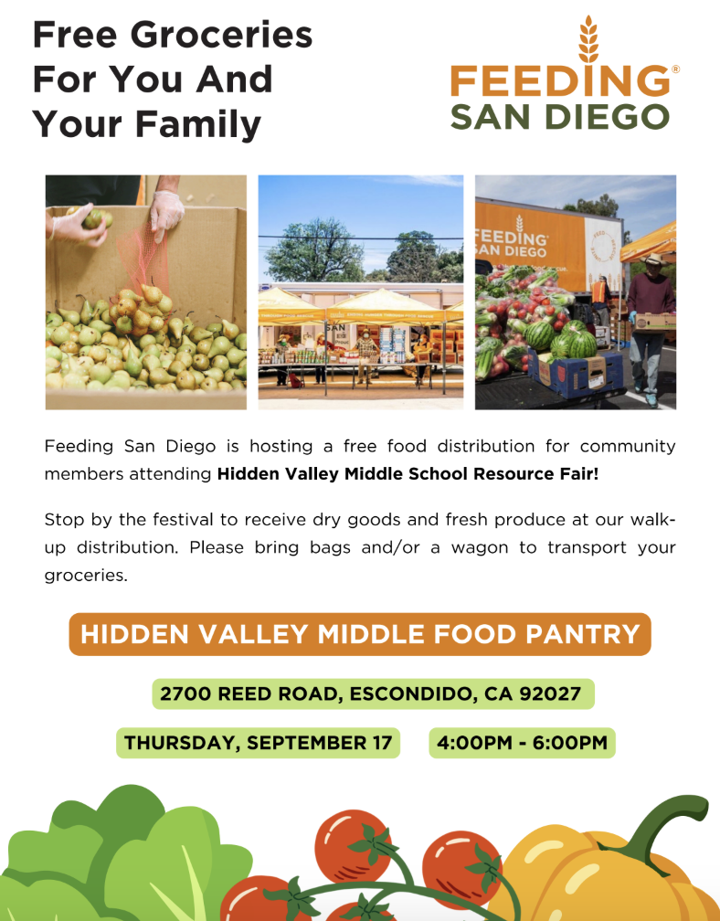 Flyer in English for "Free Groceries For You And Your Family" presented by Feeding San Diego at the Hidden Valley Middle School Resource Fair. Features three photos of fresh pears, distribution tents, and a delivery truck loaded with produce. The text announces a free walk-up food distribution offering dry goods and fresh produce. Attendees are advised to bring bags or a wagon to carry groceries. Location: Hidden Valley Middle Food Pantry, 2700 Reed Road, Escondido, CA 92027. Date and time: Thursday, September 17, from 4:00 PM to 6:00 PM.