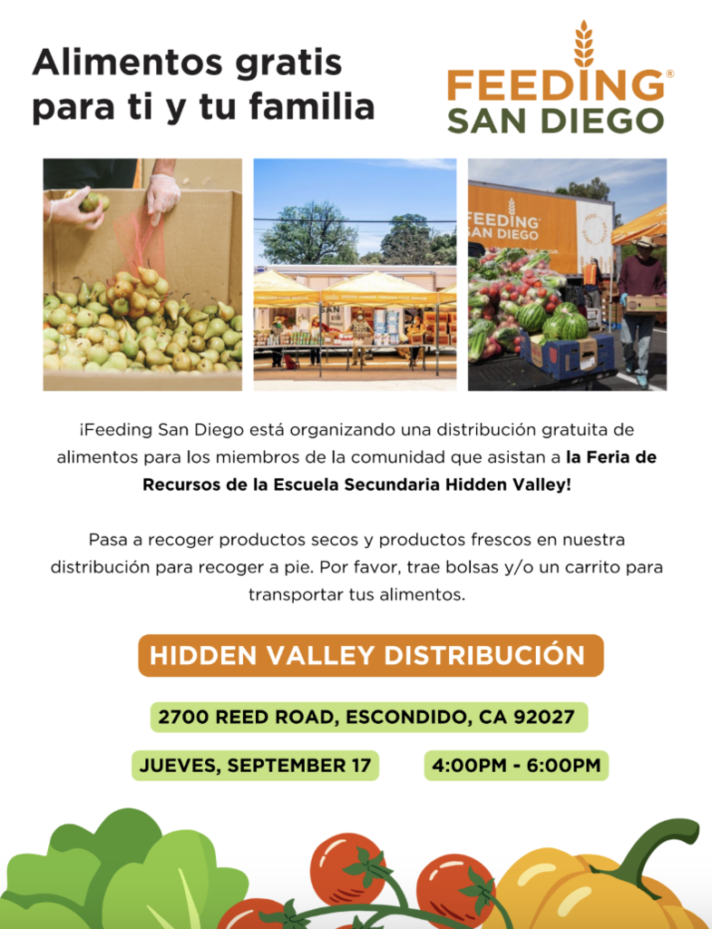 Flyer in Spanish for "Free Groceries For You And Your Family" presented by Feeding San Diego at the Hidden Valley Middle School Resource Fair. Features three photos of fresh pears, distribution tents, and a delivery truck loaded with produce. The text announces a free walk-up food distribution offering dry goods and fresh produce. Attendees are advised to bring bags or a wagon to carry groceries. Location: Hidden Valley Middle Food Pantry, 2700 Reed Road, Escondido, CA 92027. Date and time: Thursday, September 17, from 4:00 PM to 6:00 PM.