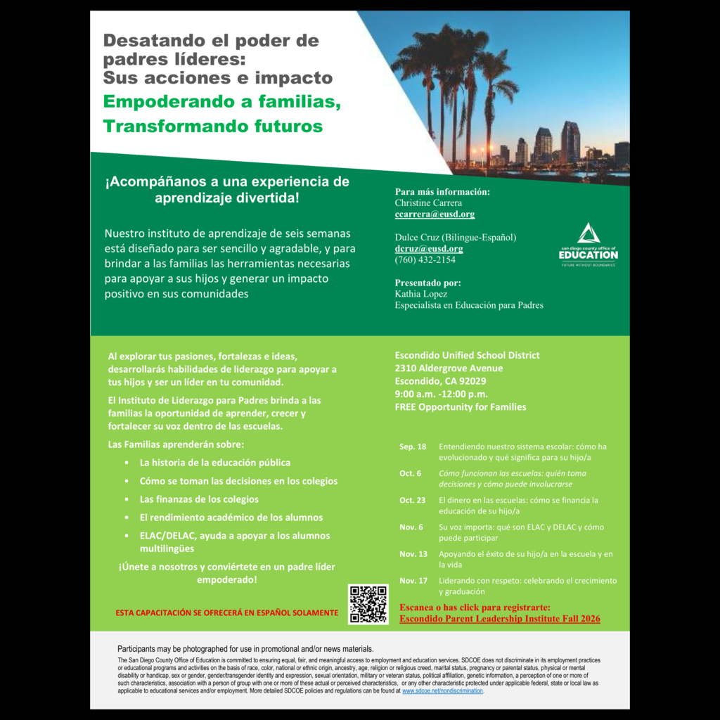 A Spanish language flyer for the “Unleashing the Power of Parent Leaders: Their Actions and Impact Empowering Families, Transforming Futures" workshop series