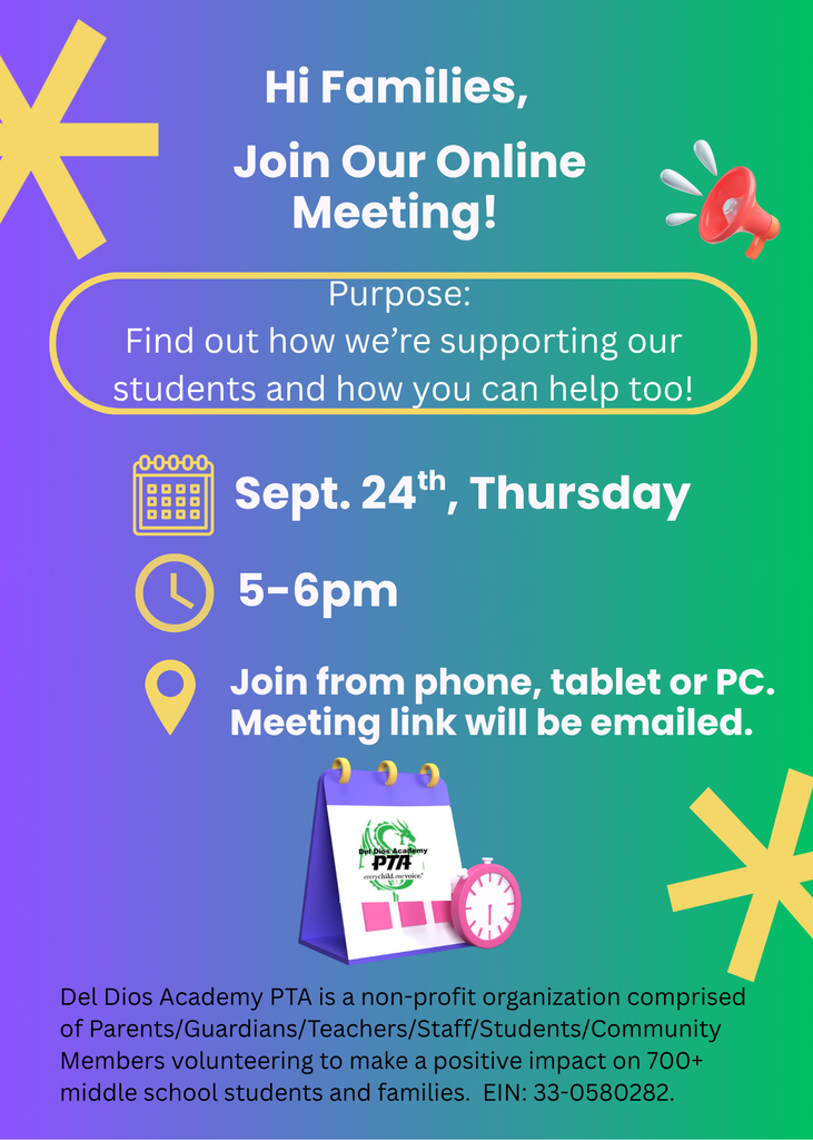 Del Dios Academy PTA Online Meeting Announcement