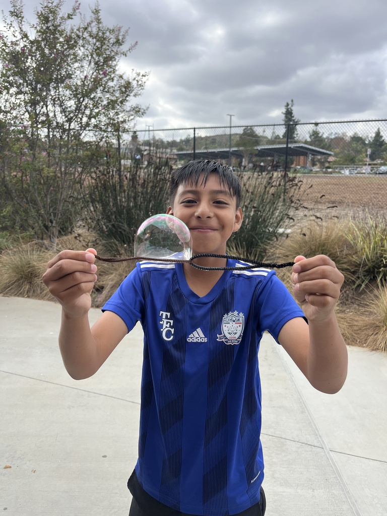 A student is taking part in a hands-on science activity to learn about how cell membranes work. He is holding a bubble wand with a bubble on top of it.  