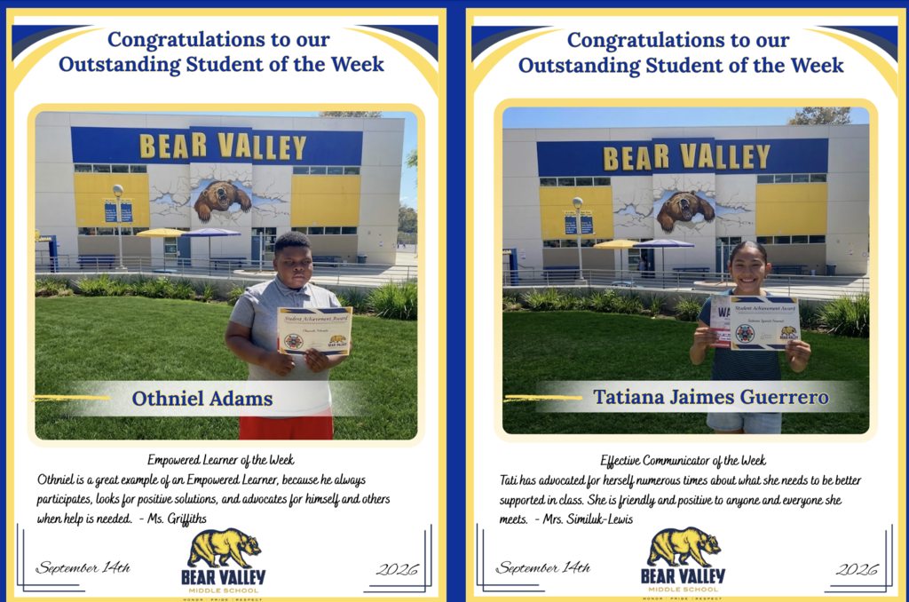 Picture of two students holding awards for students of the week
