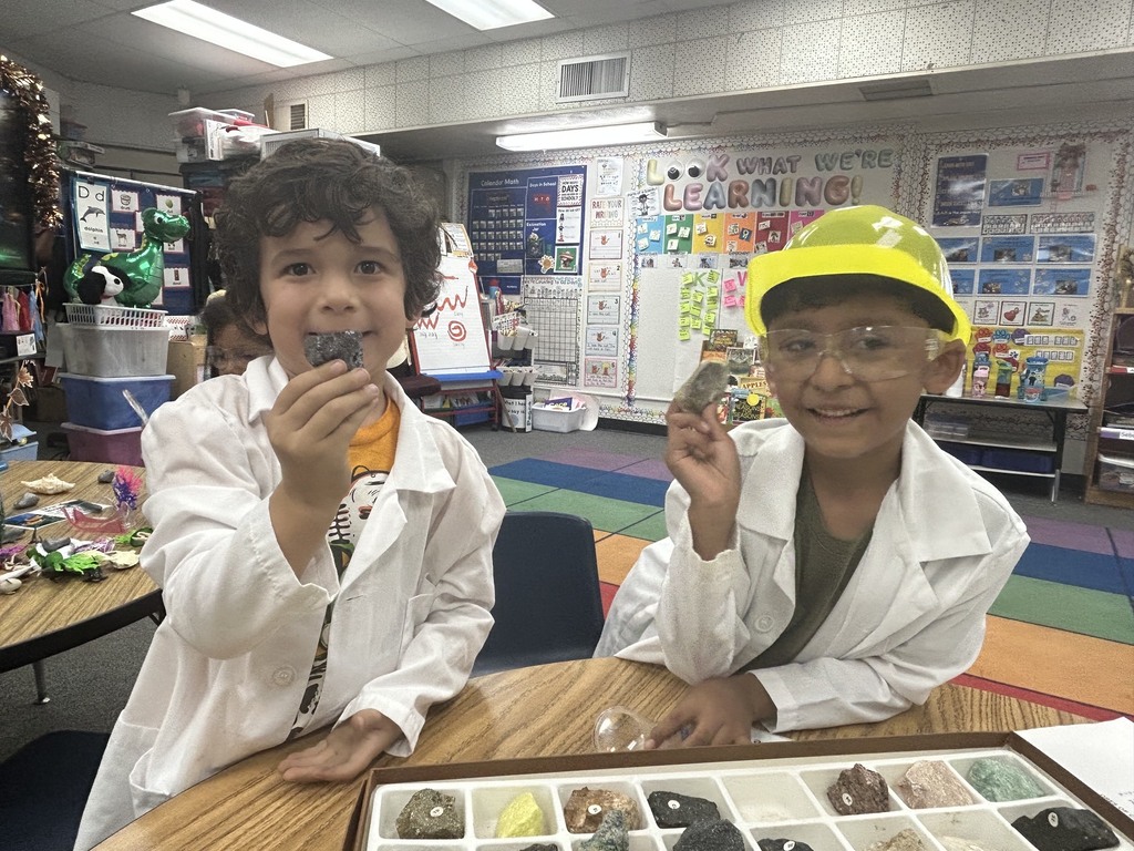 Two children in white lab coats examine rock and mineral specimens in a classroom science activity.