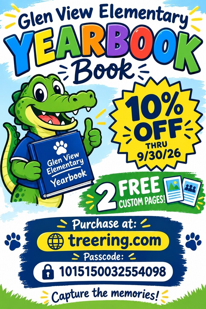 Yearbook information, there is a gator holding a book with lots of color