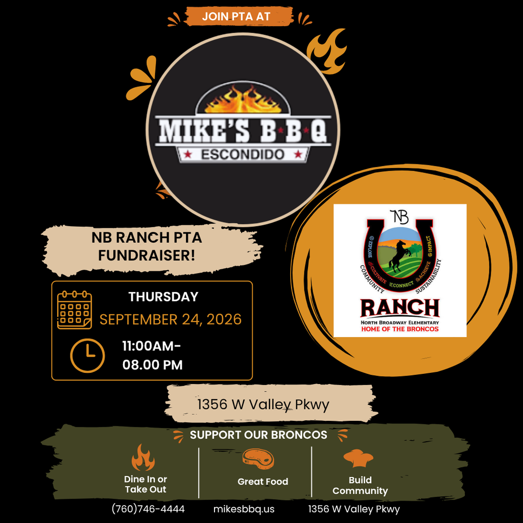 Flyer for NB Ranch PTA Fundraiser at Mike's BBQ Escondido on Thursday, Sept 24, 11am-8pm, featuring logos and details.