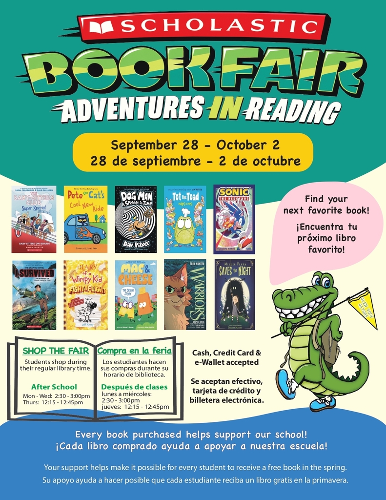 Scholastic Book Fair Flyer with the Glen View Gator logo, pictures of different books, and promoting the book fair dates from September 28th to October 2nd in English and Spanish 
