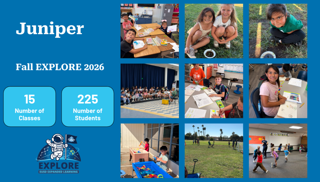 Infographic for Juniper’s Fall EXPLORE 2026 program, showing 15 classes, 225 students, the Explore Expanded Learning logo, and nine photos of children learning and playing.