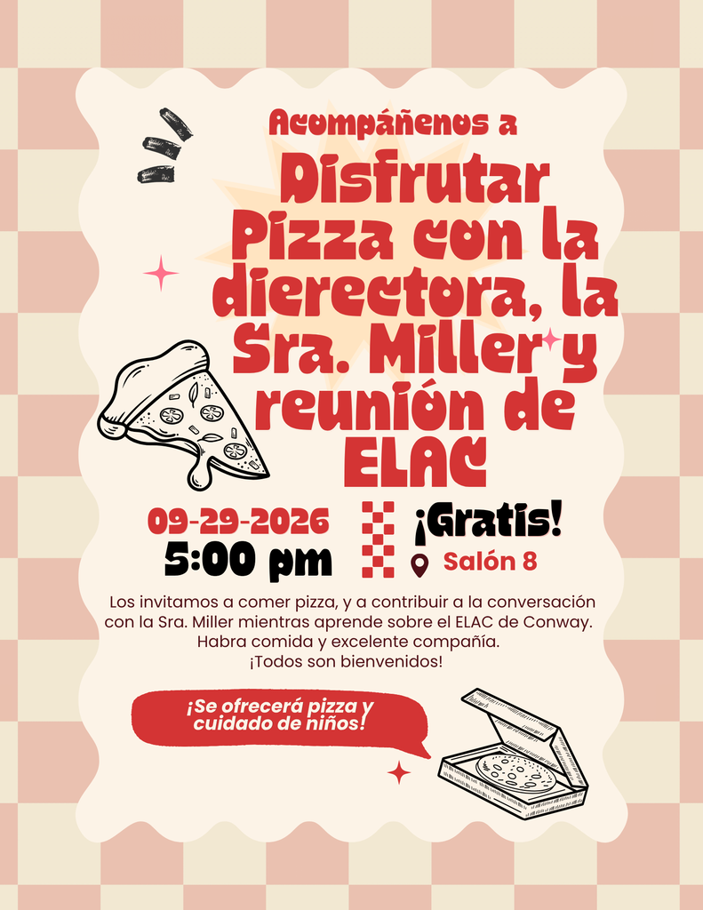 Flyer for Pizza with Principal on Tuesday September 29 at 5 pm in room 8 SPANISH