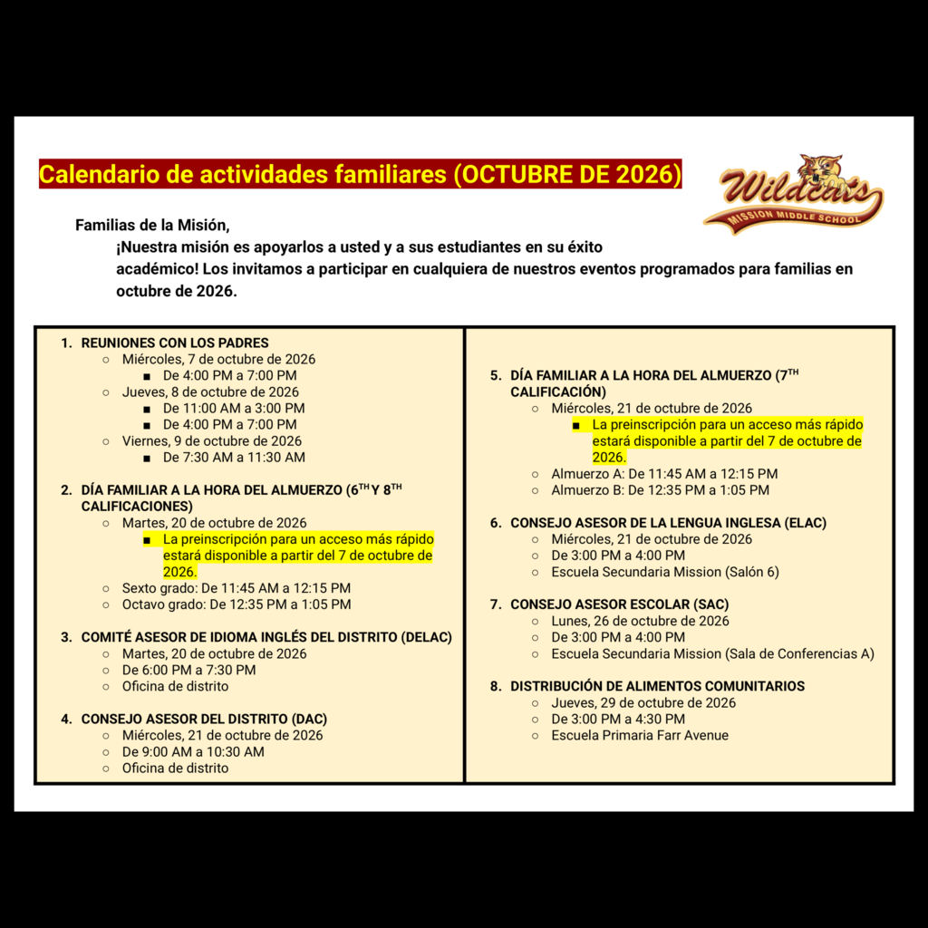 Page 1 (of 2) of the Spanish language Family Engagement Calendar for October 2026