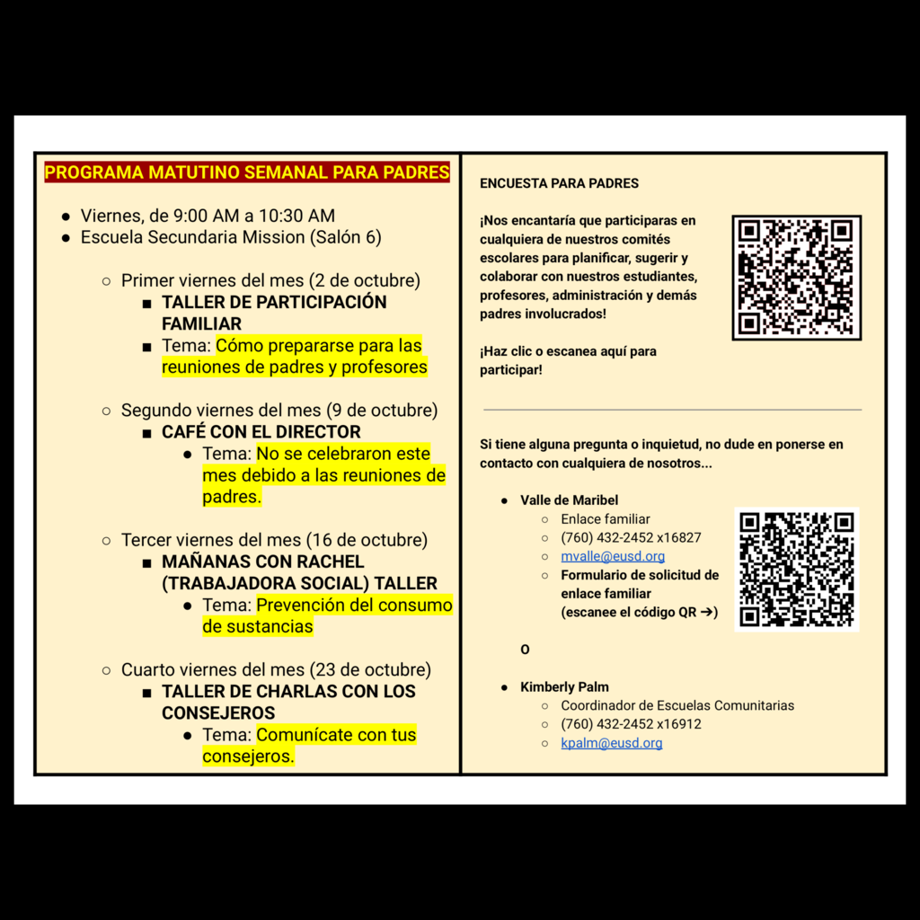 Page 2 (of 2) of the Spanish language Family Engagement Calendar for October 2026