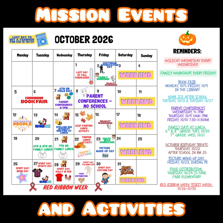 A calendar of Mission Events and Activities for October 2026
