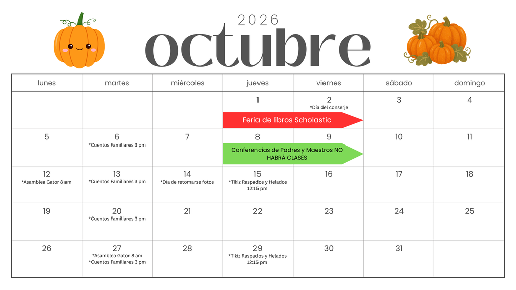 Glen View October 2026  Parent Calendar in Spanish 