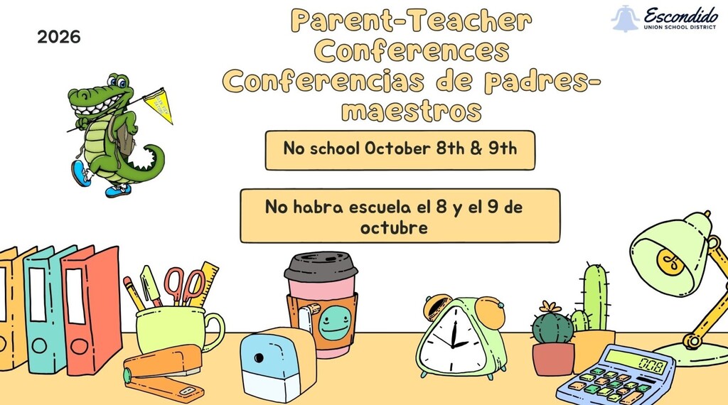 Parent Teacher Conferences with a gator on the side and a desk full of desk accessories 