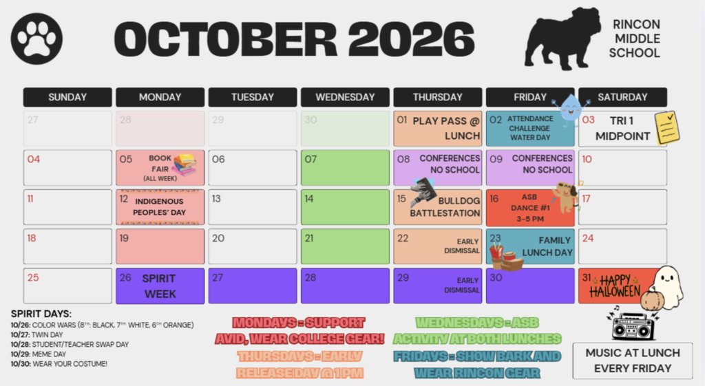 The month of October ASB Calendar with a lot of spirit days and school activities for students. 