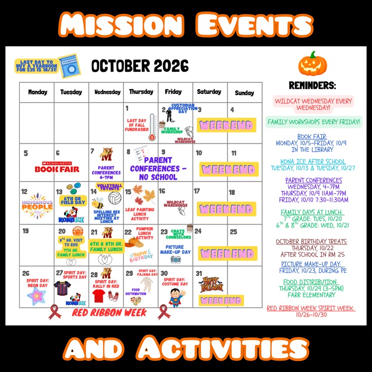 A calendar of Mission Events and Activities for October 2026