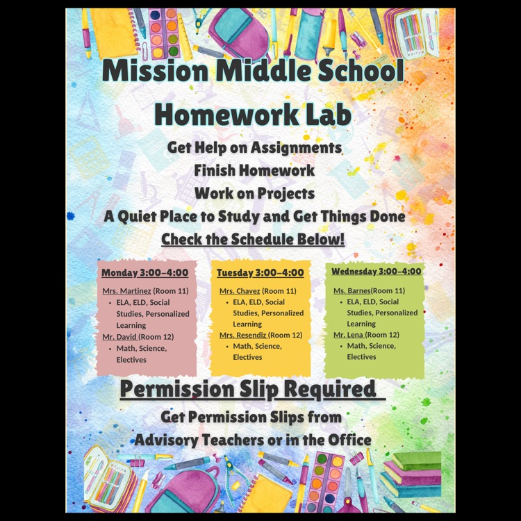 An English language flyer featuring days, times, and teachers for Homework Lab