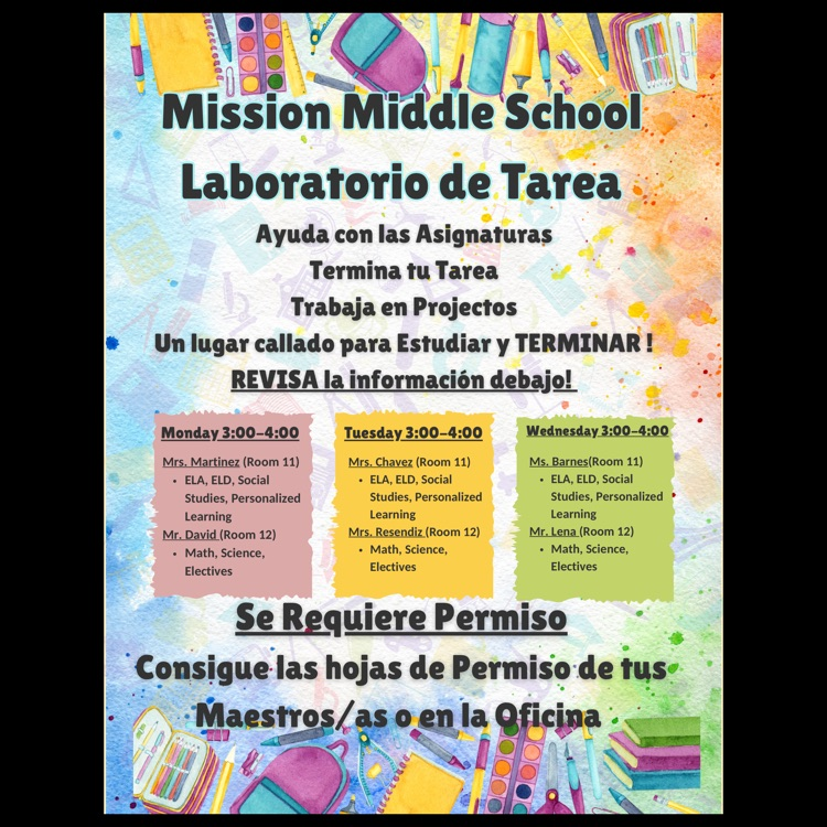 A Spanish language flyer featuring days, times, and teachers for Homework Lab