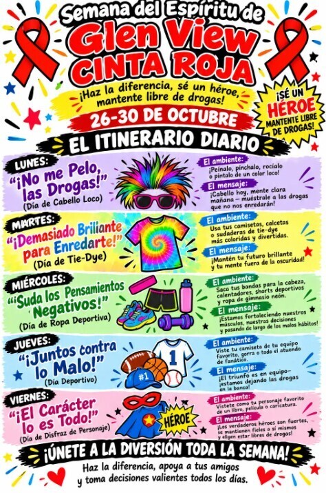 Flyer for Glen View Red Ribbon Spirit Week, October 26–30, featuring daily dress-up themes: Monday (Crazy Hair Day), Tuesday (Tie-Dye Tuesday), Wednesday (Workout Wear Wednesday), Thursday (Sports Day), and Friday (Character Costume Day), promoting a drug-free lifestyle.