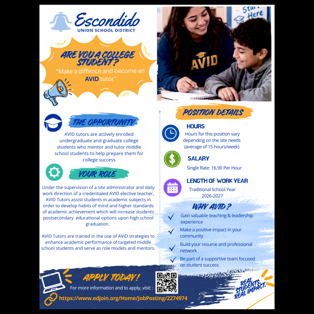 A flyer for hiring AVID Tutors in Escondido Union School District