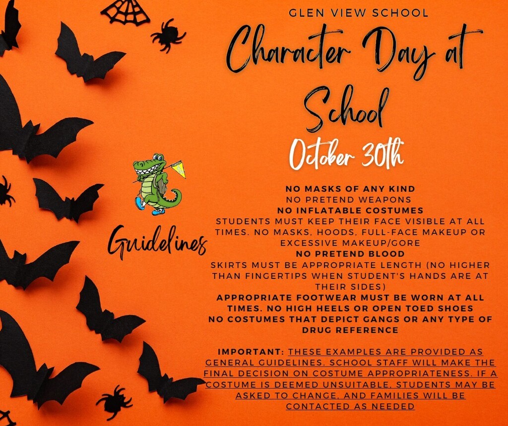 Halloween-themed flyer for Glen View School's "Character Day at School" on October 30th. The image features a bright orange background decorated with black paper cutout bats, spiders, spiderwebs, and an alligator mascot logo.