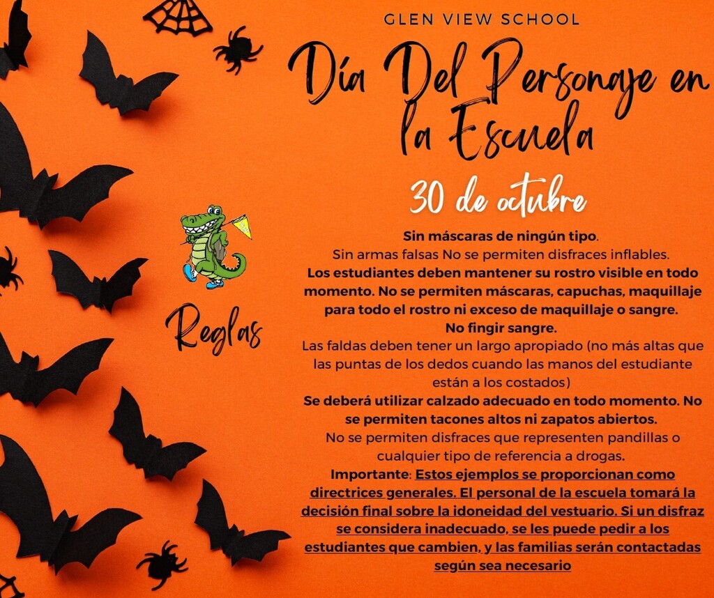 Halloween-themed flyer for Glen View School's "Character Day at School" on October 30th. The image features a bright orange background decorated with black paper cutout bats, spiders, spiderwebs, and an alligator mascot logo.