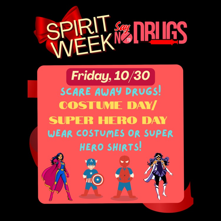 A flyer for Red Ribbon Week's Day 5 Spirit Day, "Costume Day / Superhero Day"
