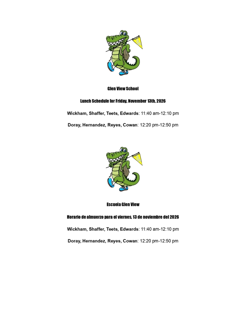 Glen View Lunch Schedule for November 13th in English and Spanish 