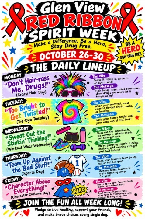 Flyer for Glen View Red Ribbon Spirit Week, October 26–30, featuring daily dress-up themes: Monday (Crazy Hair Day), Tuesday (Tie-Dye Tuesday), Wednesday (Workout Wear Wednesday), Thursday (Sports Day), and Friday (Character Costume Day), promoting a drug-free lifestyle.