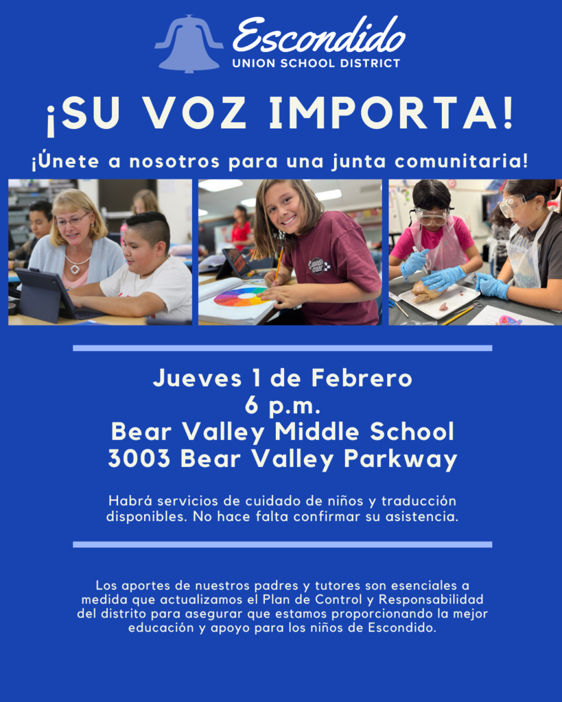 Descripción de la imagen: Folleto con fondo azul que presenta el logotipo de la campana del EUSD y tres fotografías de estudiantes y un maestro e información sobre la reunión LCAP.